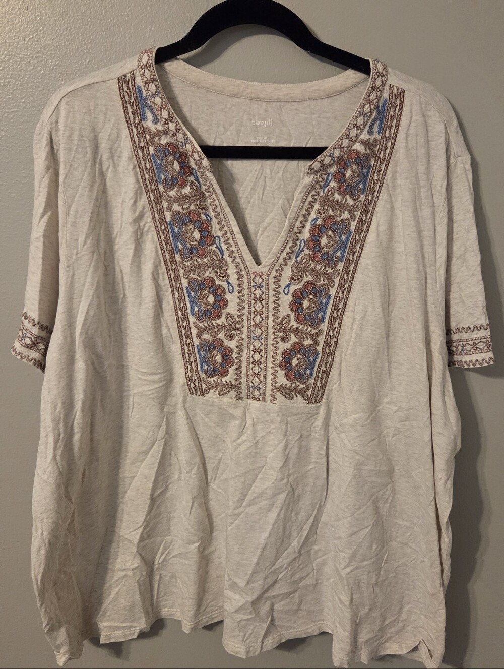 Pure Jill Plus Size Embroidered Tan 100% Cotton Short Sleeve Top. 3X